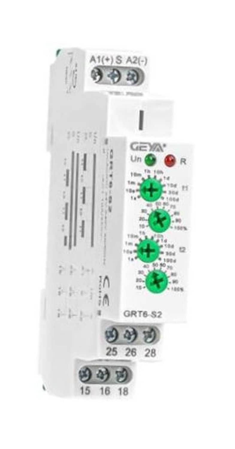 White Geya delay relay with green time-range indicator and terminal numbers on front