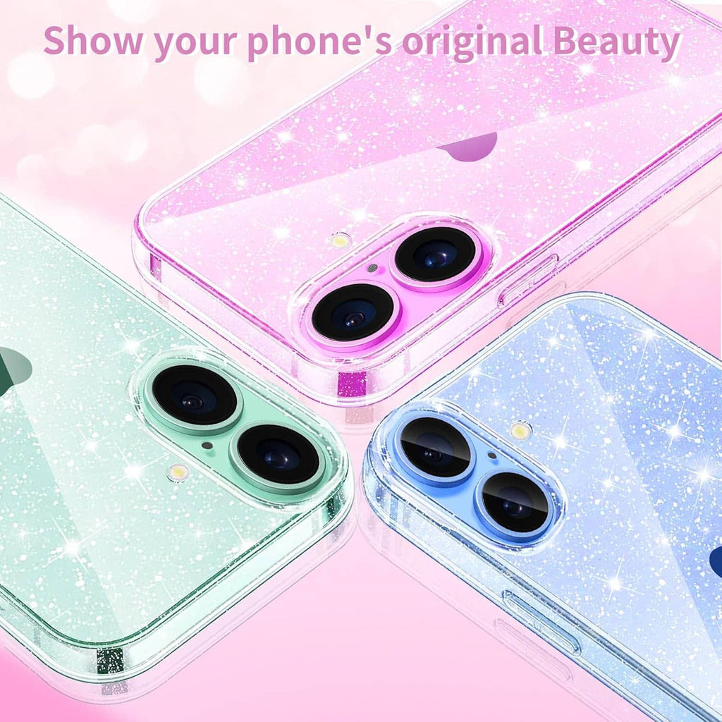 Transparent glitter TPU phone cases shown: pink sparkly back and camera openings