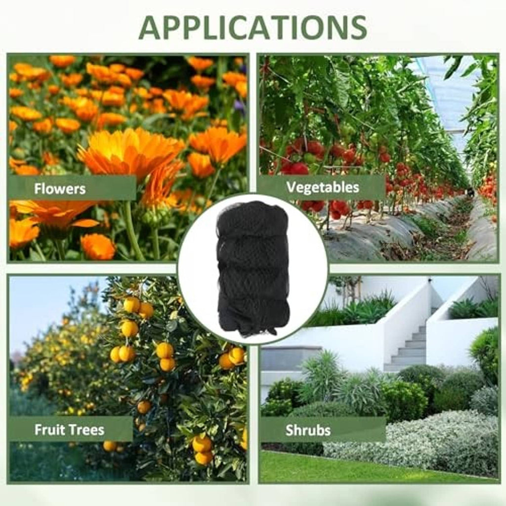 Black garden netting roll with square mesh shown for outdoor plant protection.