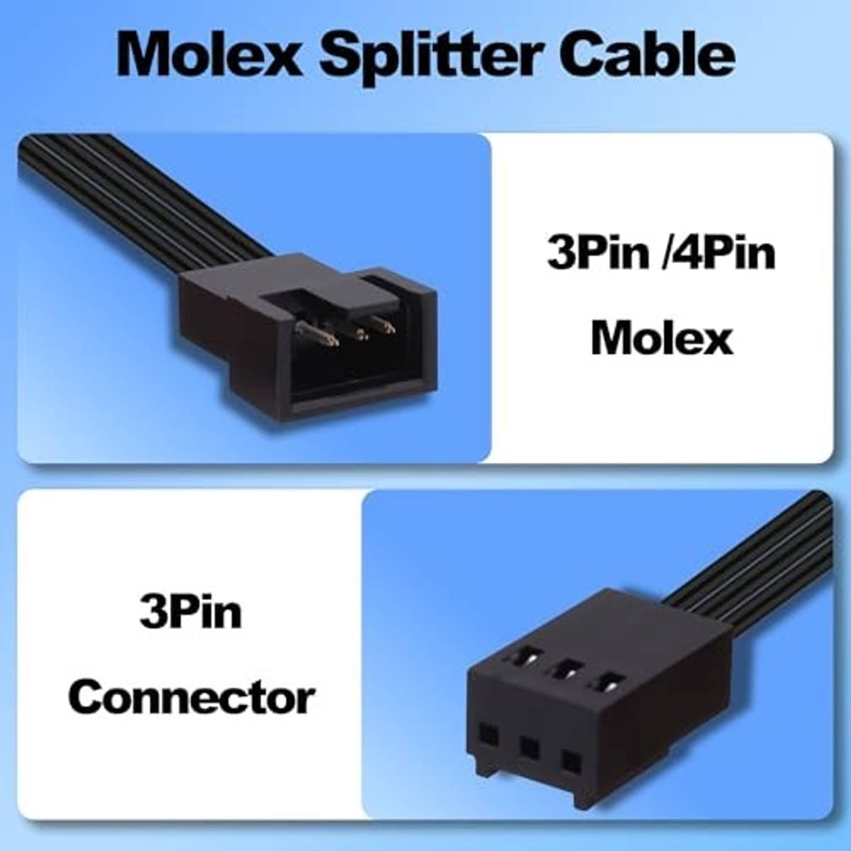 Black fan adapter cable showing 3-pin connector and 4-pin connector ends