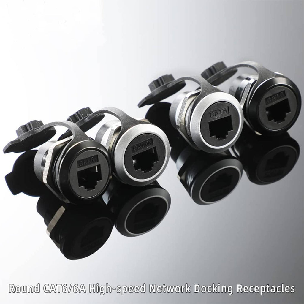 Black CAT6 RJ45 panel-mount couplers with metal collars, multi-pack view