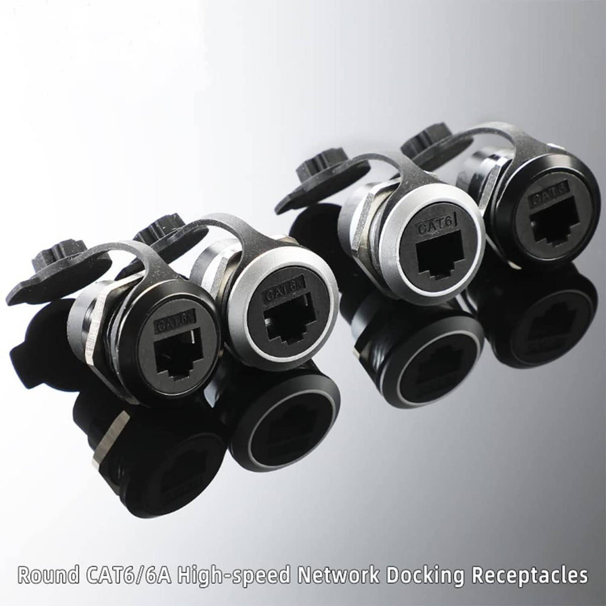 Black CAT6 RJ45 panel-mount couplers with metal collars, multi-pack view