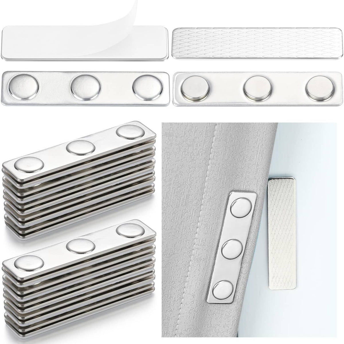Set of silver curtain weights with round magnet discs, stacked and shown in pieces