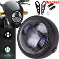 Black motorcycle LED headlight bracket and round headlight with mounting hardware and screws