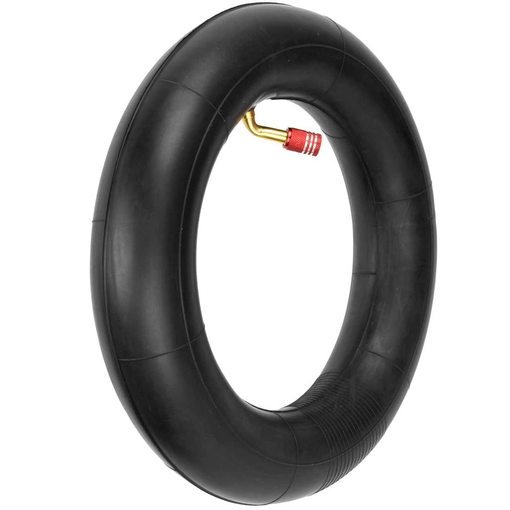 Black inner tube with red-and-gold valve on the curved rim