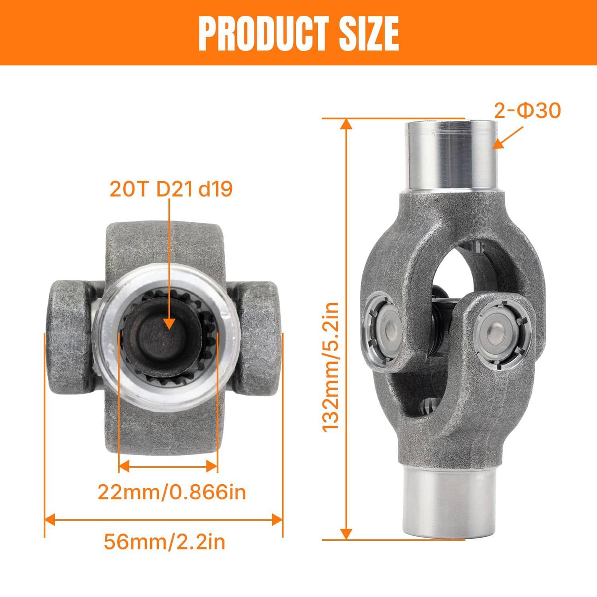 Drive shaft yoke U-joint with measurement diagram and dimension lines