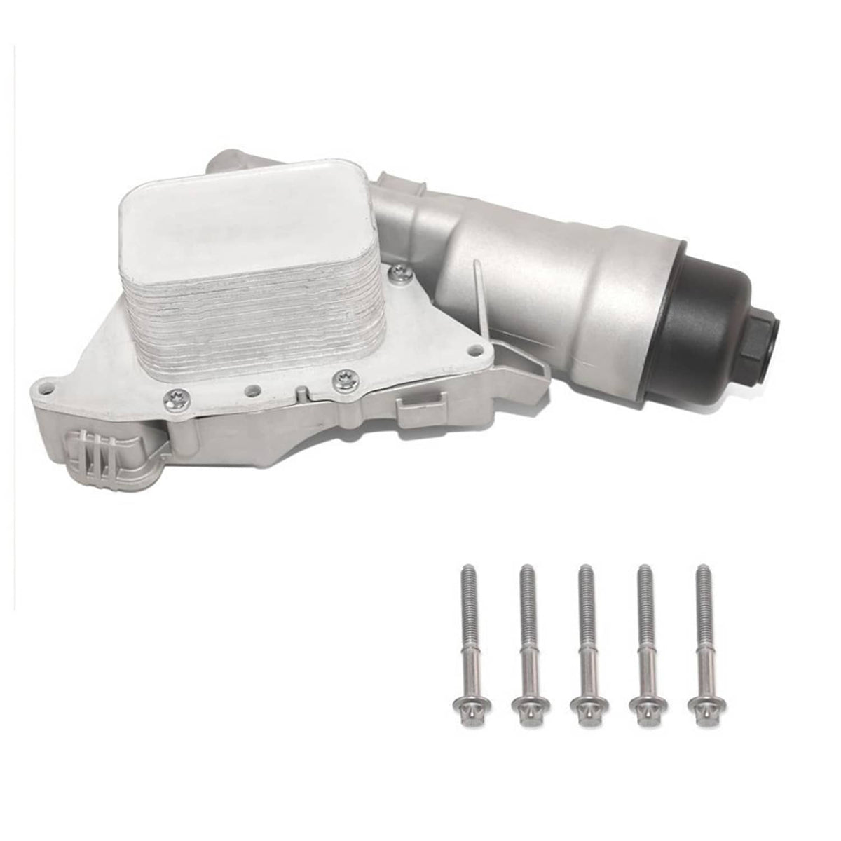 Oil cooler filter housing assembly with black end cap and included screws