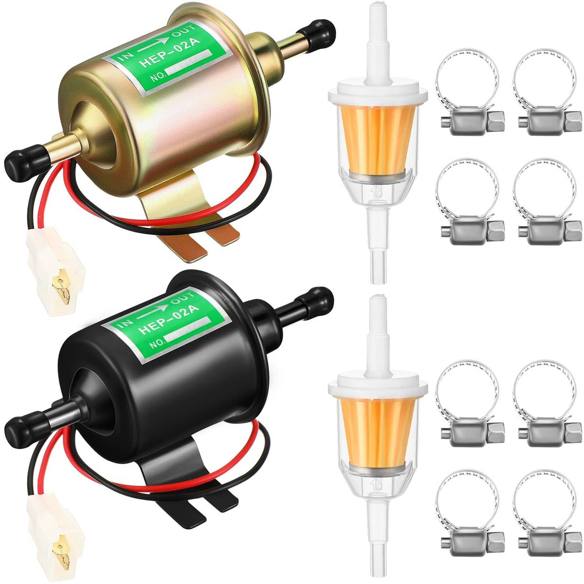 Electric fuel pump kit with gold and black low-pressure pumps, fittings and clamps