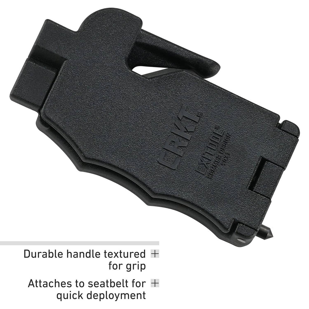 Black textured emergency cutter tool with attachment clip