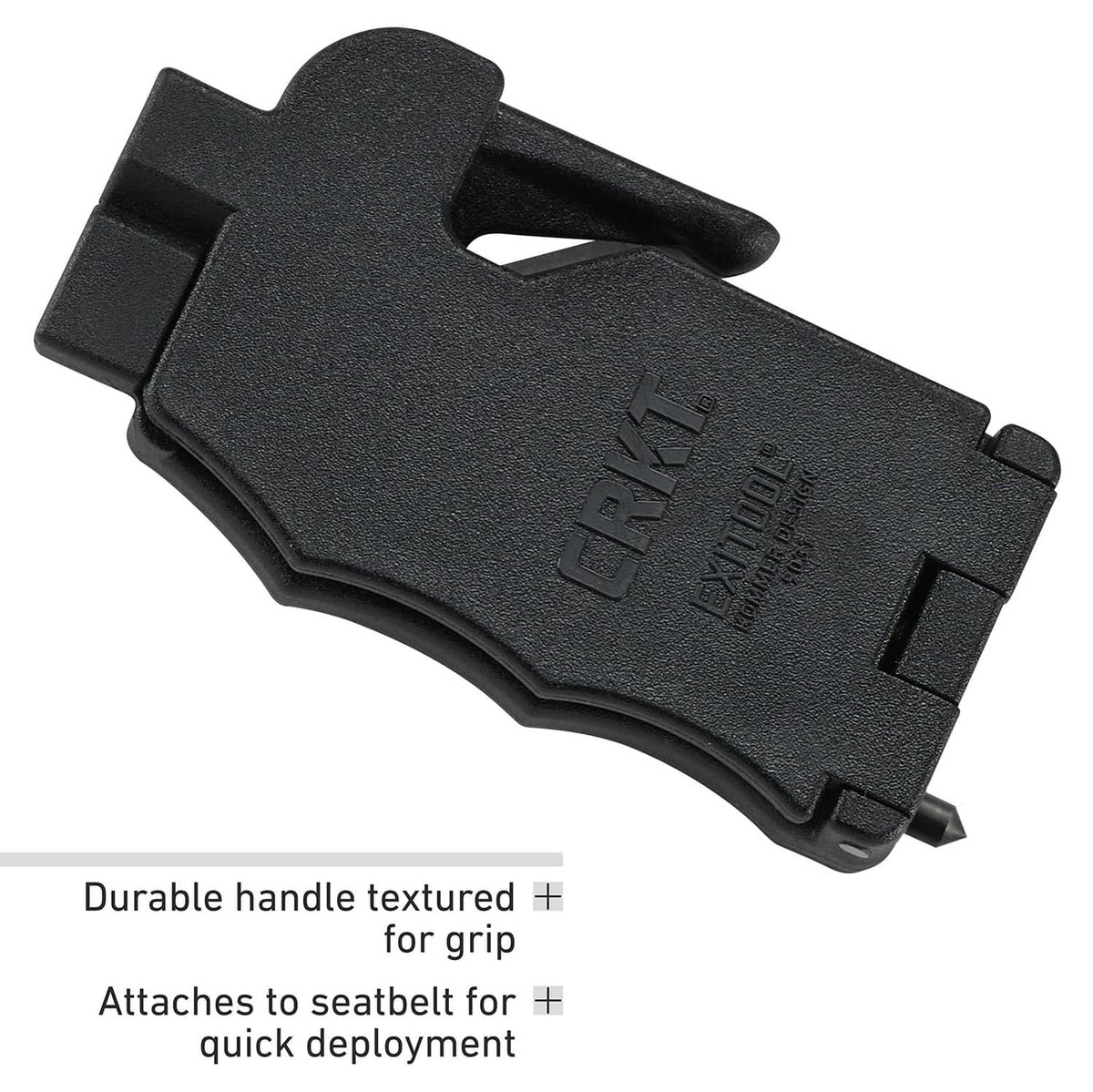 Black textured emergency cutter tool with attachment clip