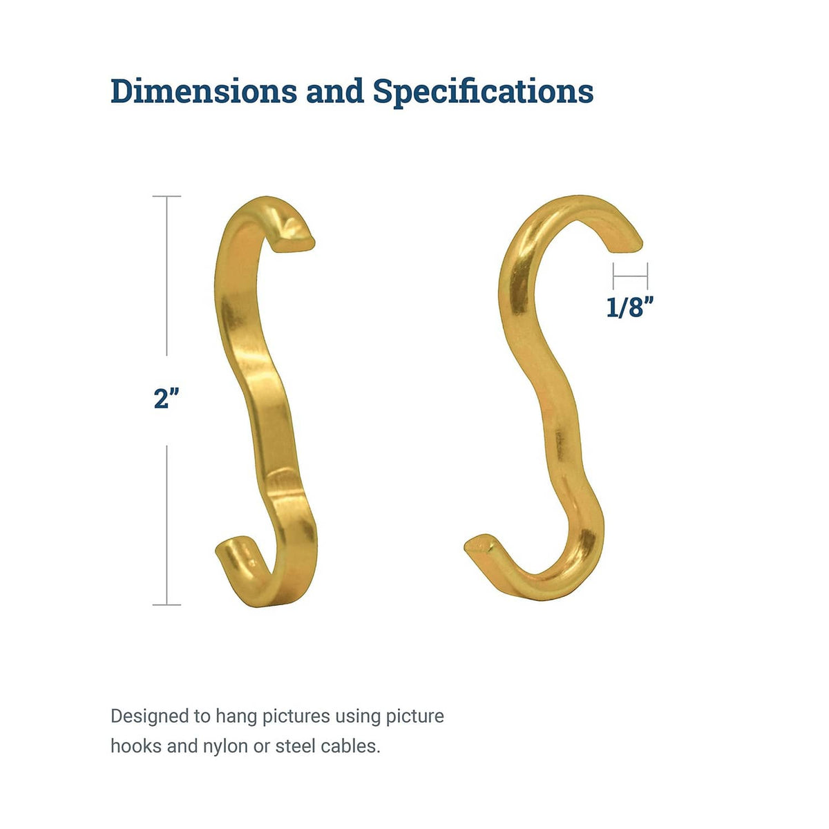 Two brass narrow picture rail hooks with curved open ends and size indicators