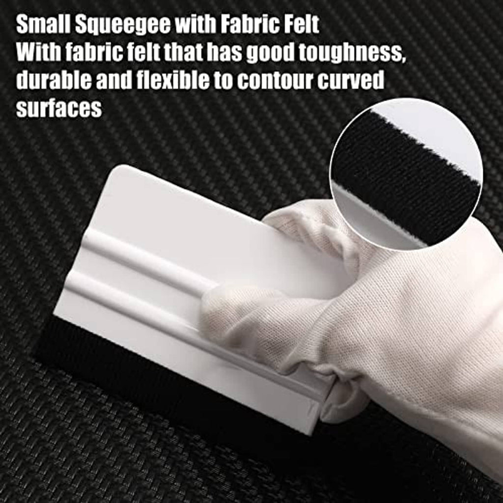 Small vinyl squeegee with white handle and black felt edge for contour smoothing