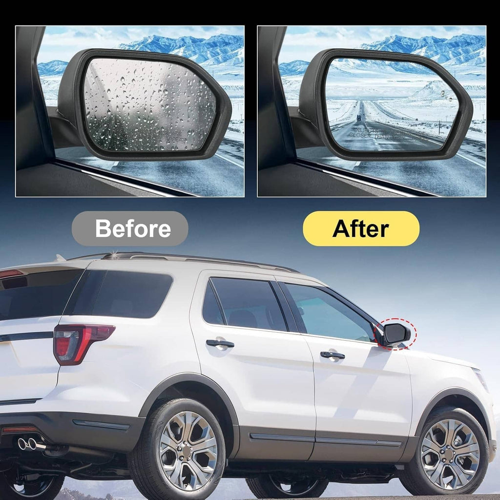 Right side heated mirror shown installed, with water droplets on the glass