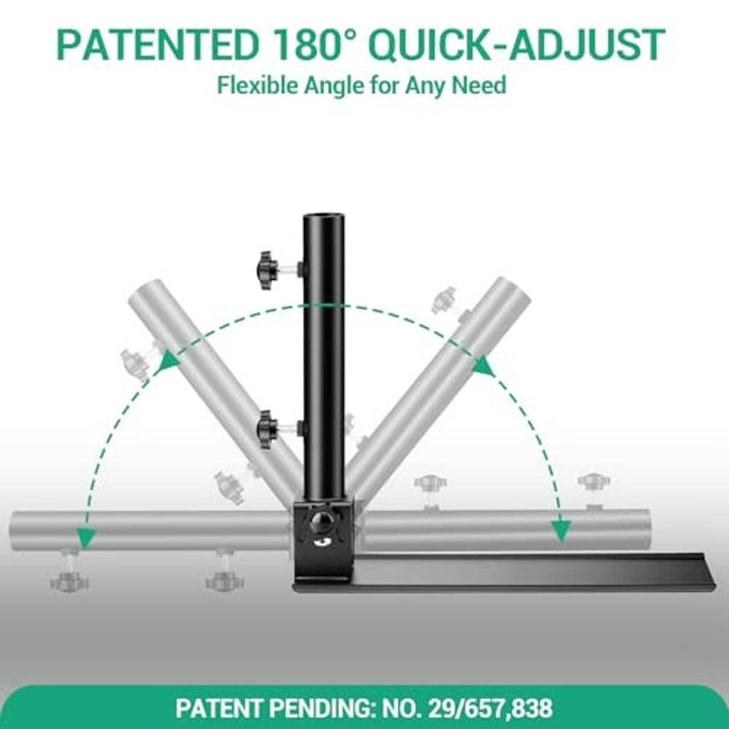 Adjustable flag pole base with black center post, silver arms, and angle adjustment