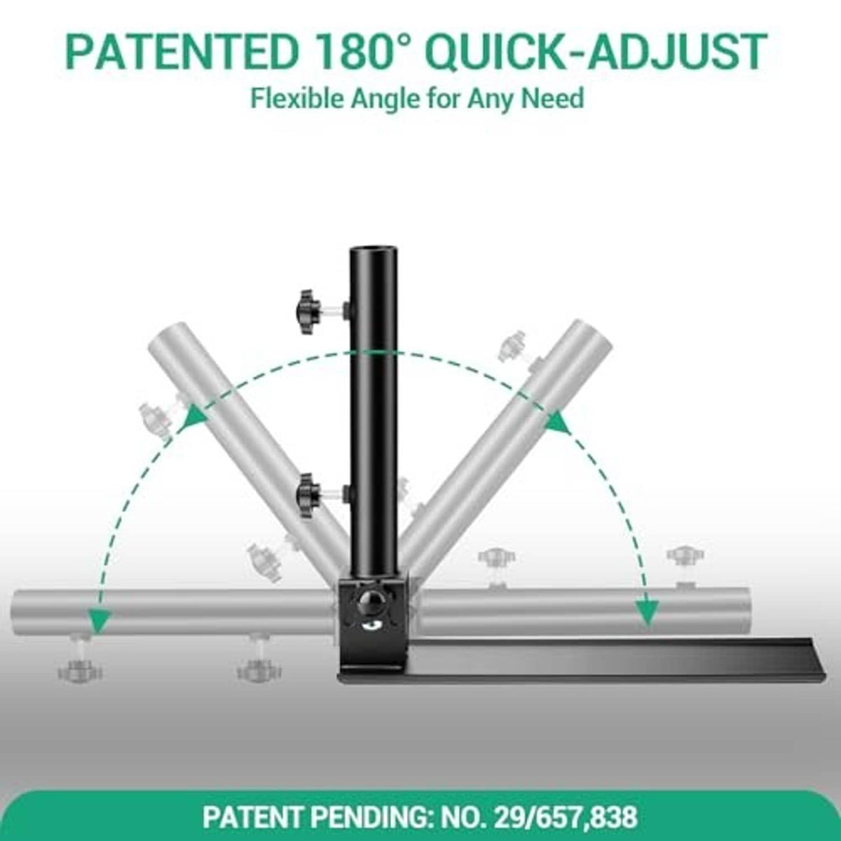 Adjustable flag pole base with black center post, silver arms, and angle adjustment