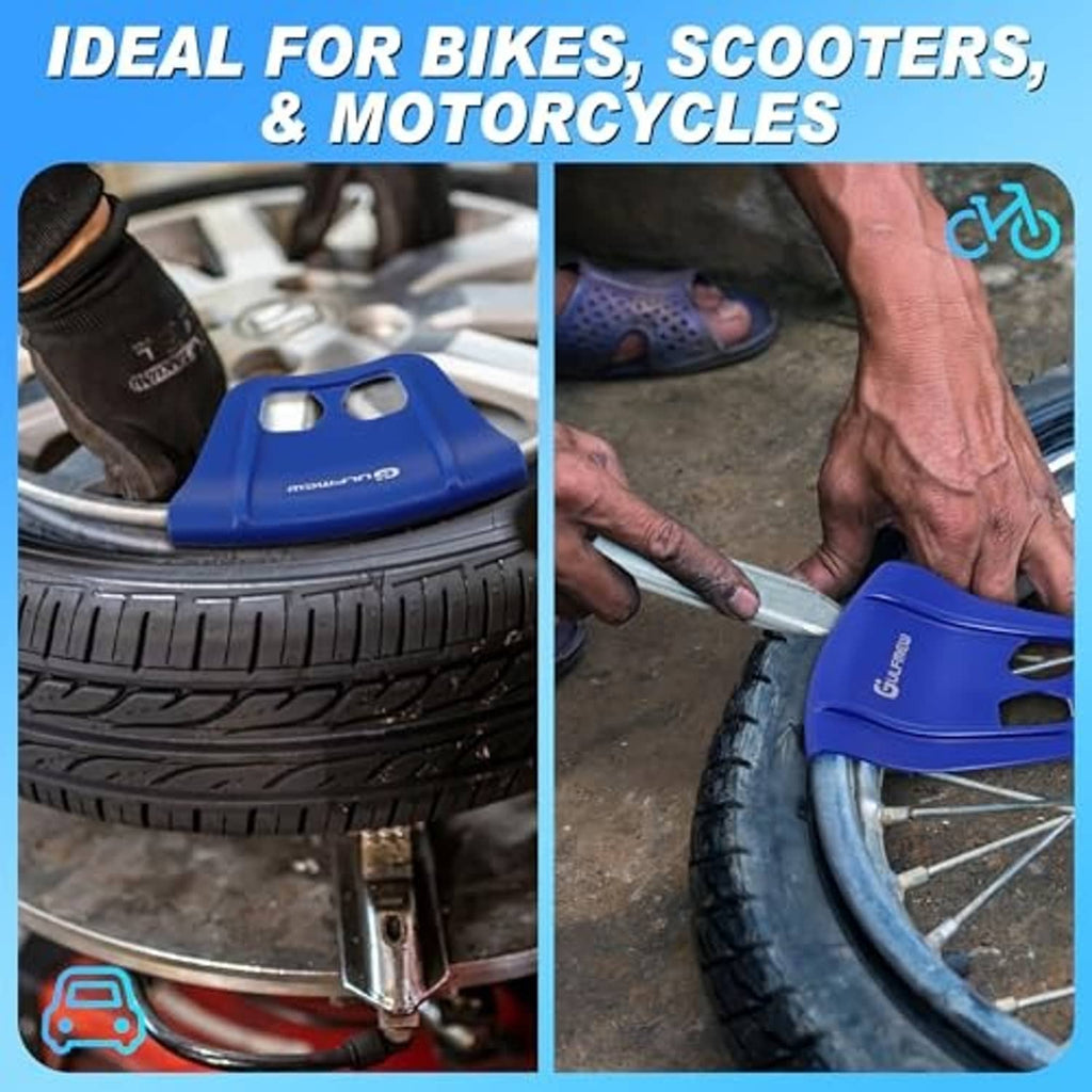 Blue rim protectors with silver tire iron shown on a vehicle wheel
