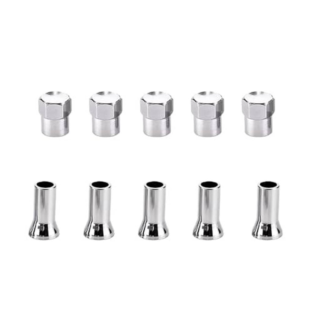 Chrome tire valve stem caps and base sleeves, five-piece metal set