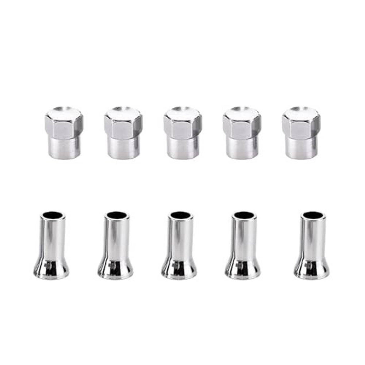 Chrome tire valve stem caps and base sleeves, five-piece metal set