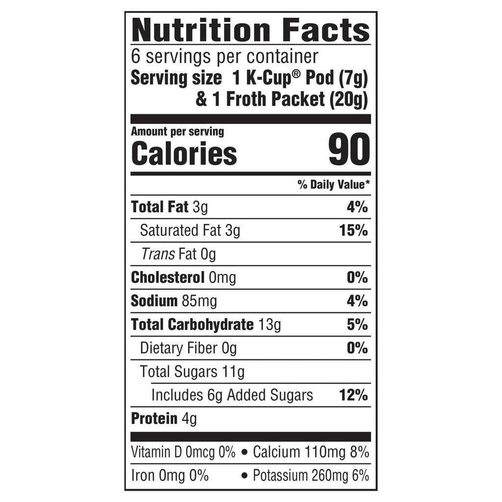 Nutrition facts for 1 K-Cup pod and 1 froth packet, 6 servings per container