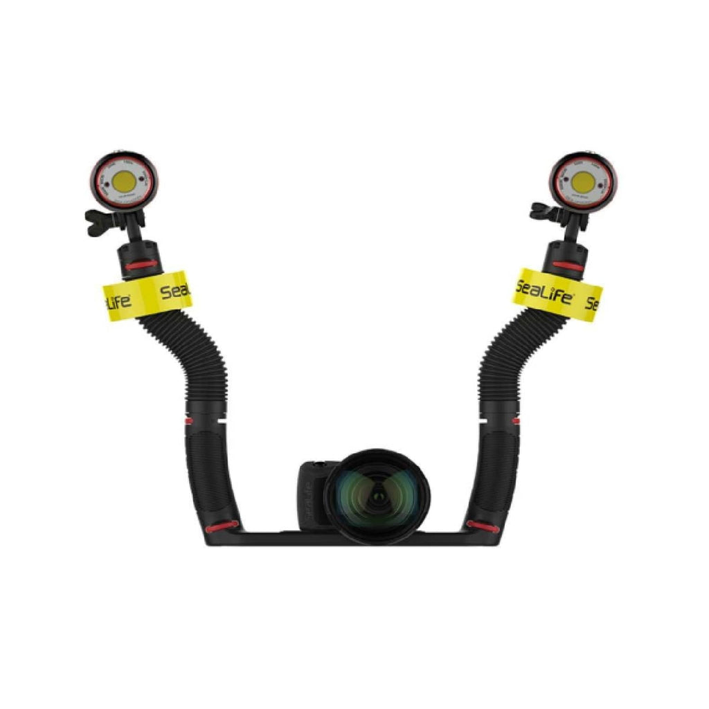 Underwater camera float with two yellow Sealiife rings, black hoses, and lens view