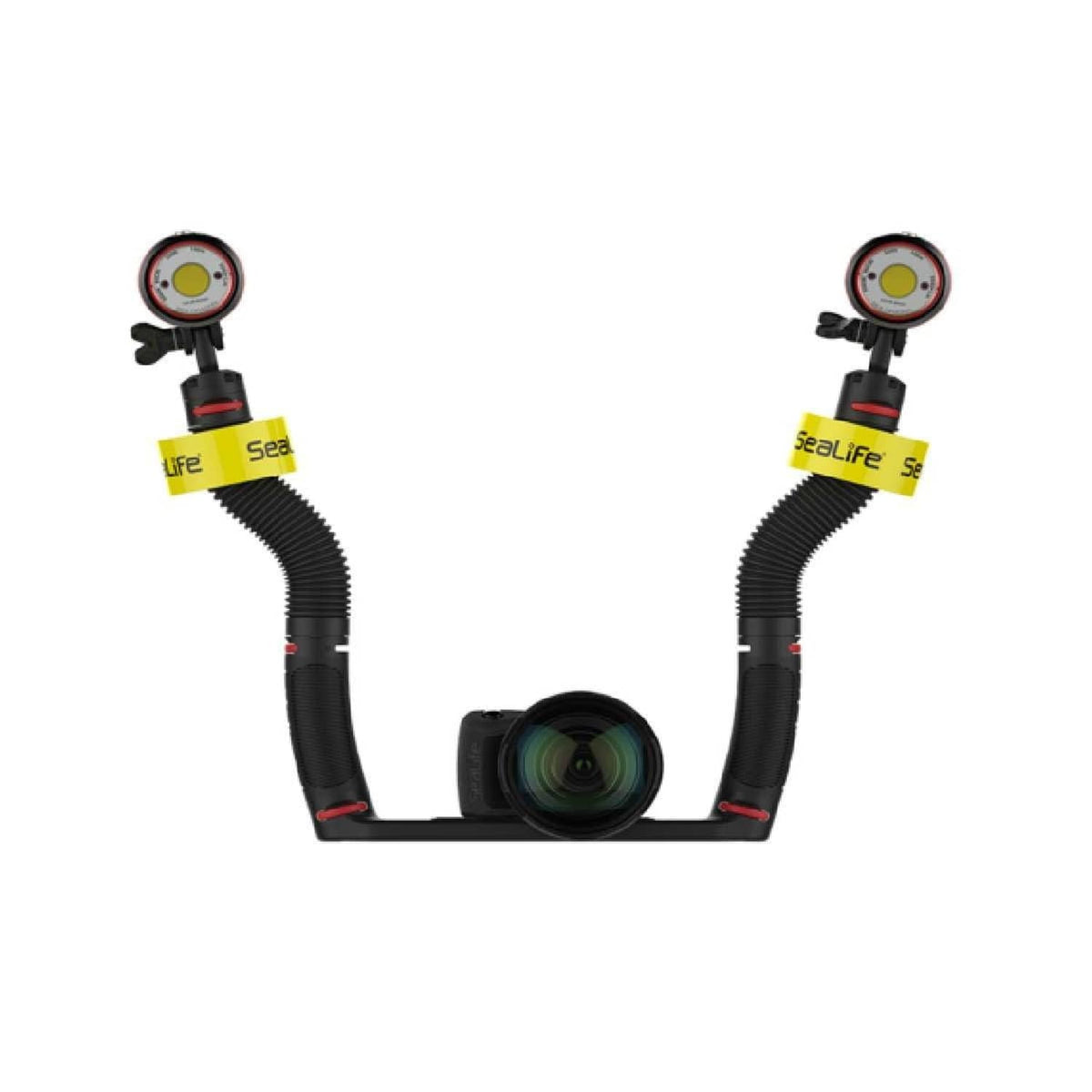 Underwater camera float with two yellow Sealiife rings, black hoses, and lens view