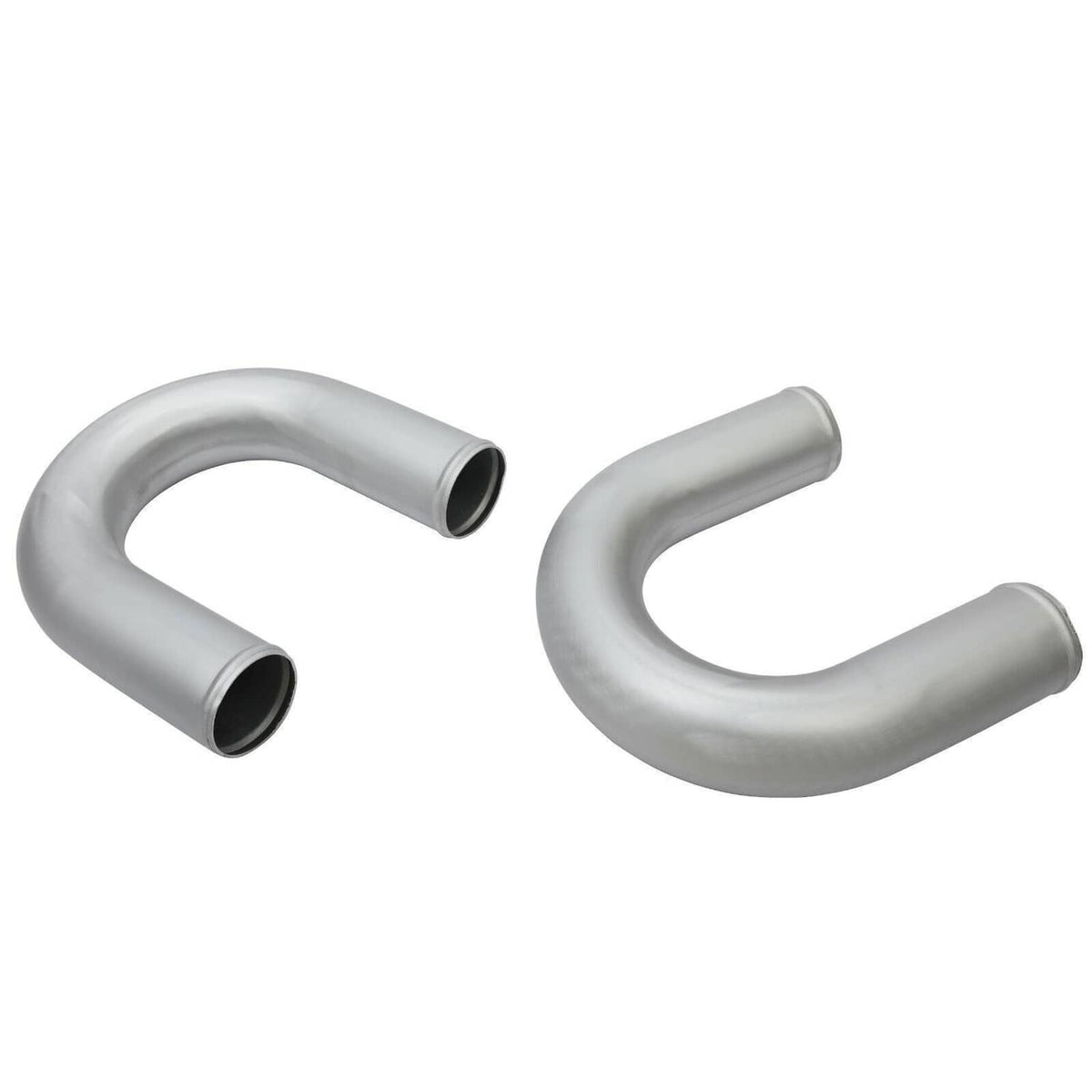 Polished intercooler piping kit with two U-shaped curved pipes, open ends, gray