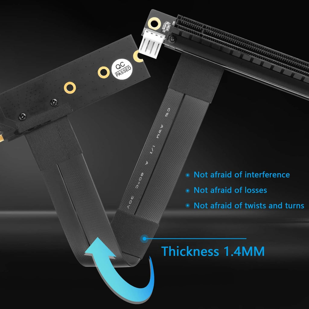 Black PCIe riser card with metal shielding and angled M.2 connector on ribbon