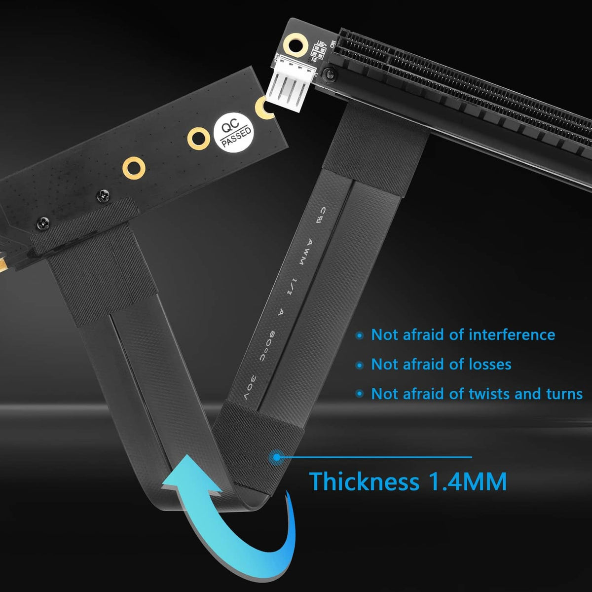 Black PCIe riser card with metal shielding and angled M.2 connector on ribbon