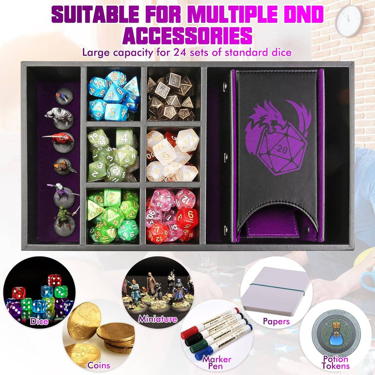 Open DND dice storage box with divider compartments, dice, and purple dice tower