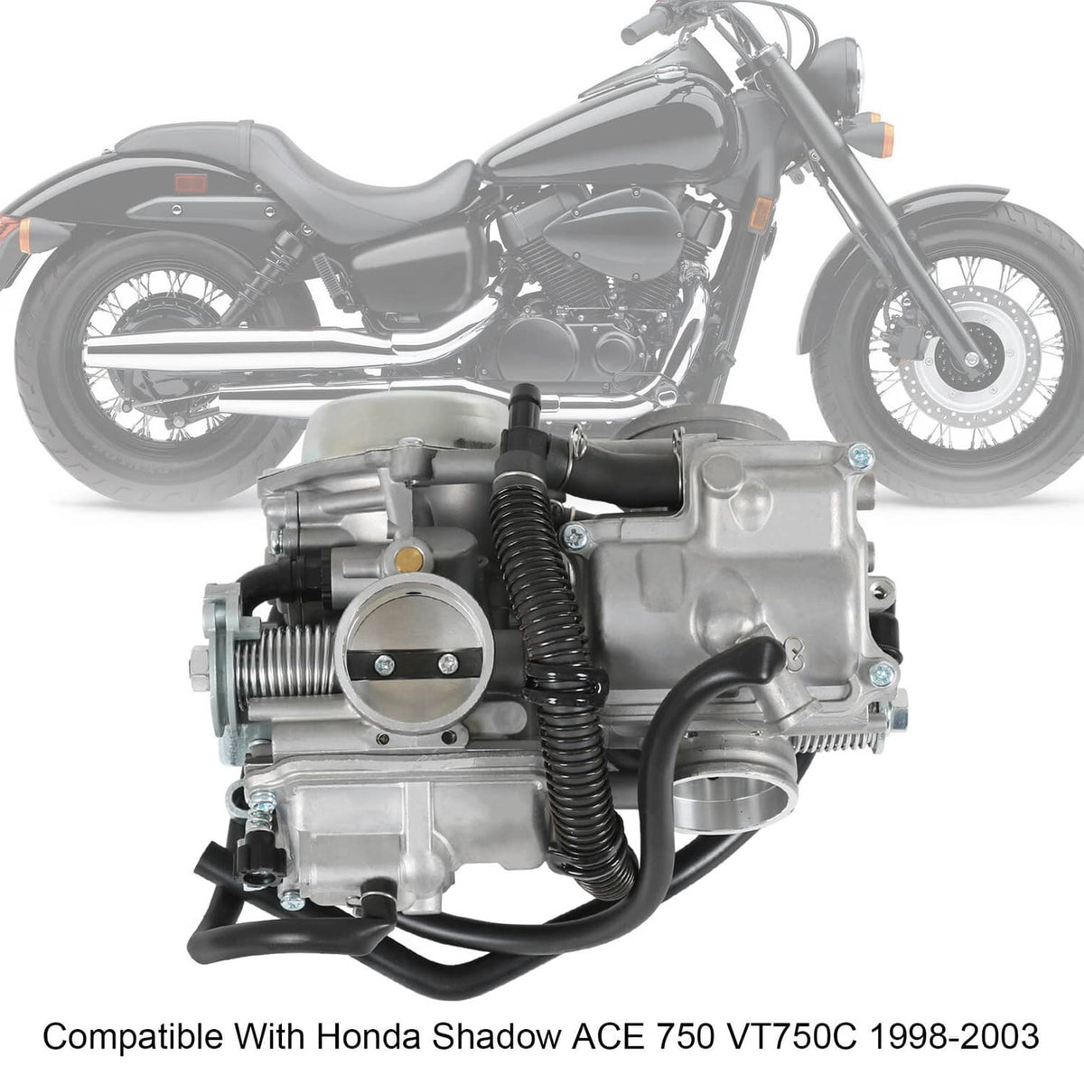 Carburetor assembly mounted on motorcycle engine for fitment view