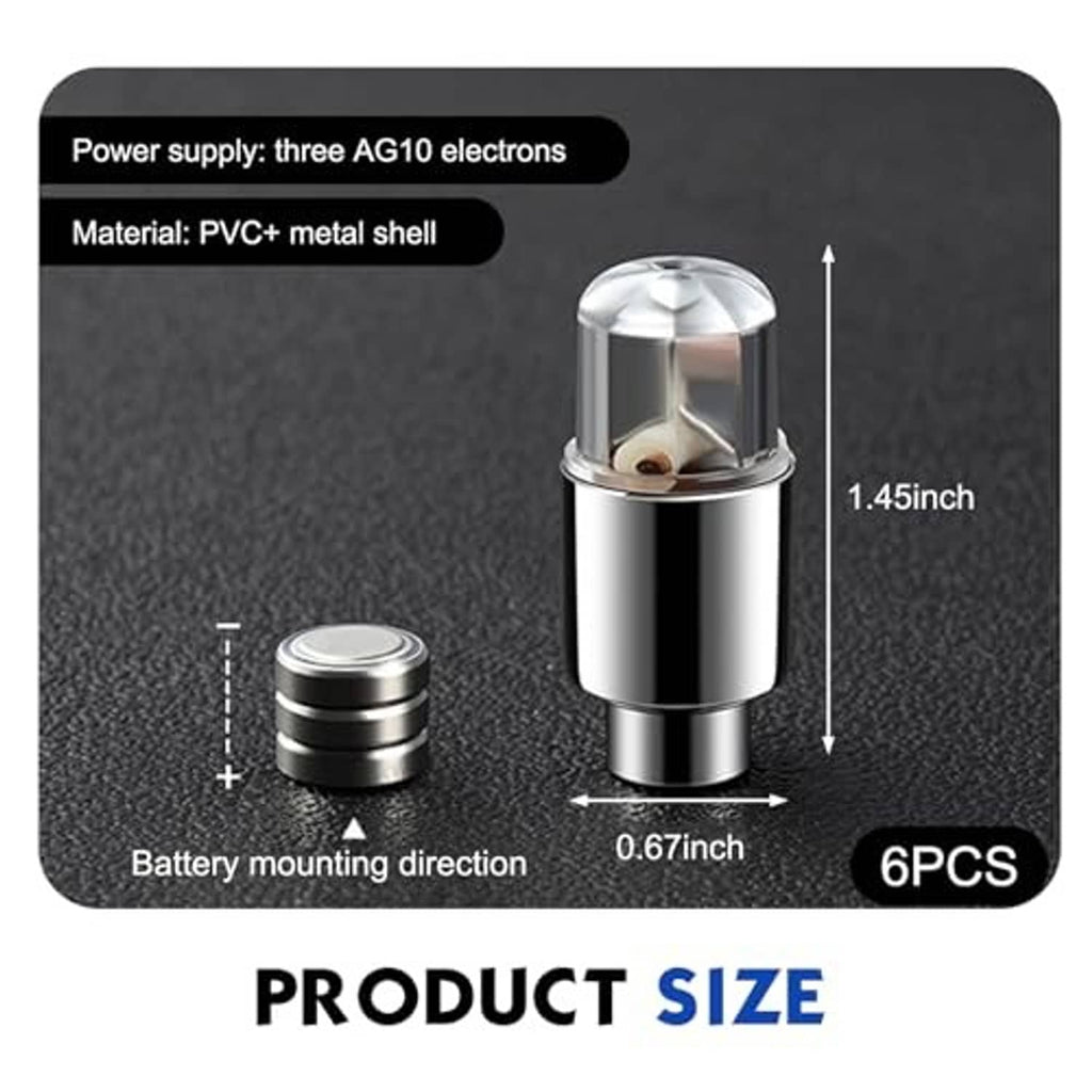 Chrome LED valve stem cap with clear top and round battery base, size view