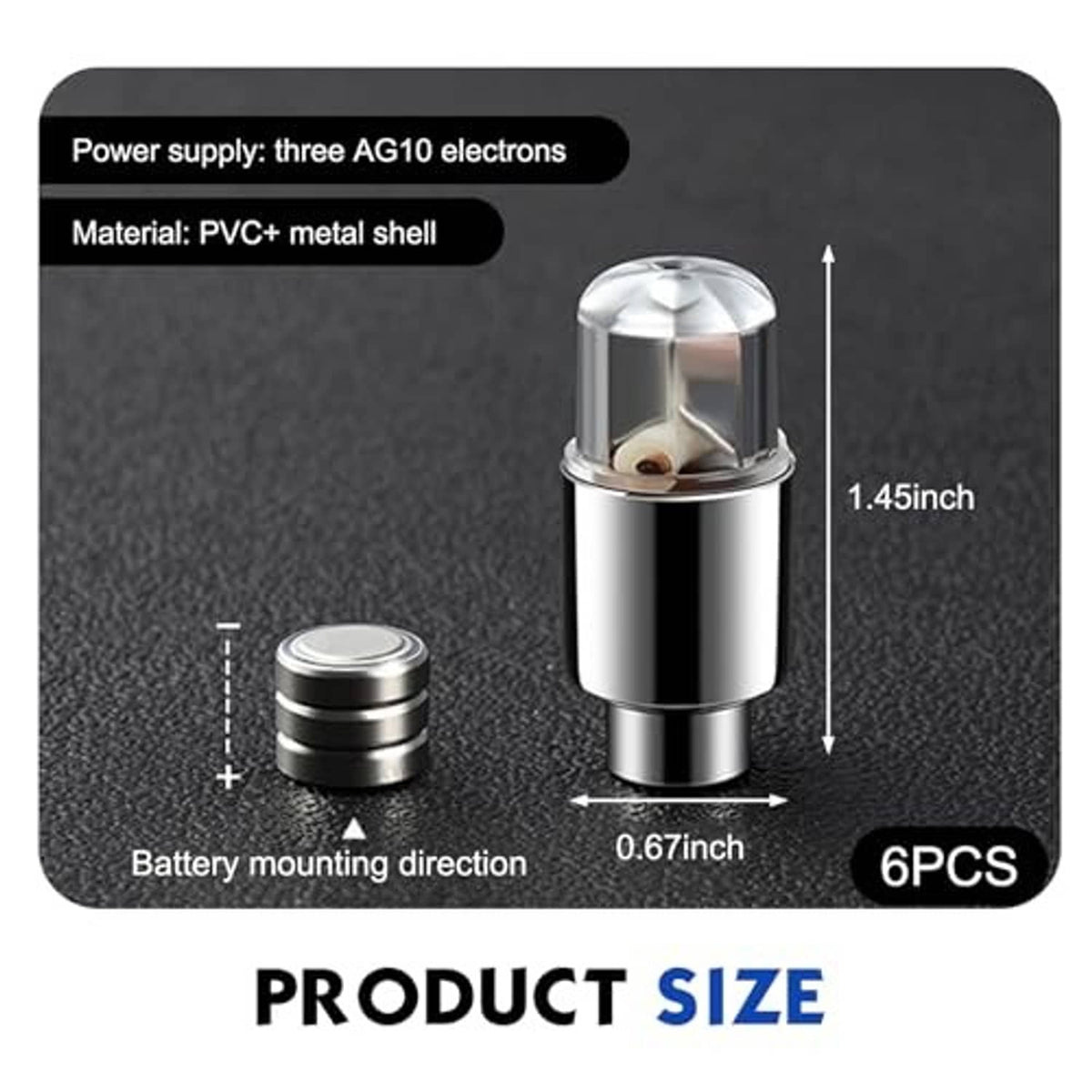 Chrome LED valve stem cap with clear top and round battery base, size view