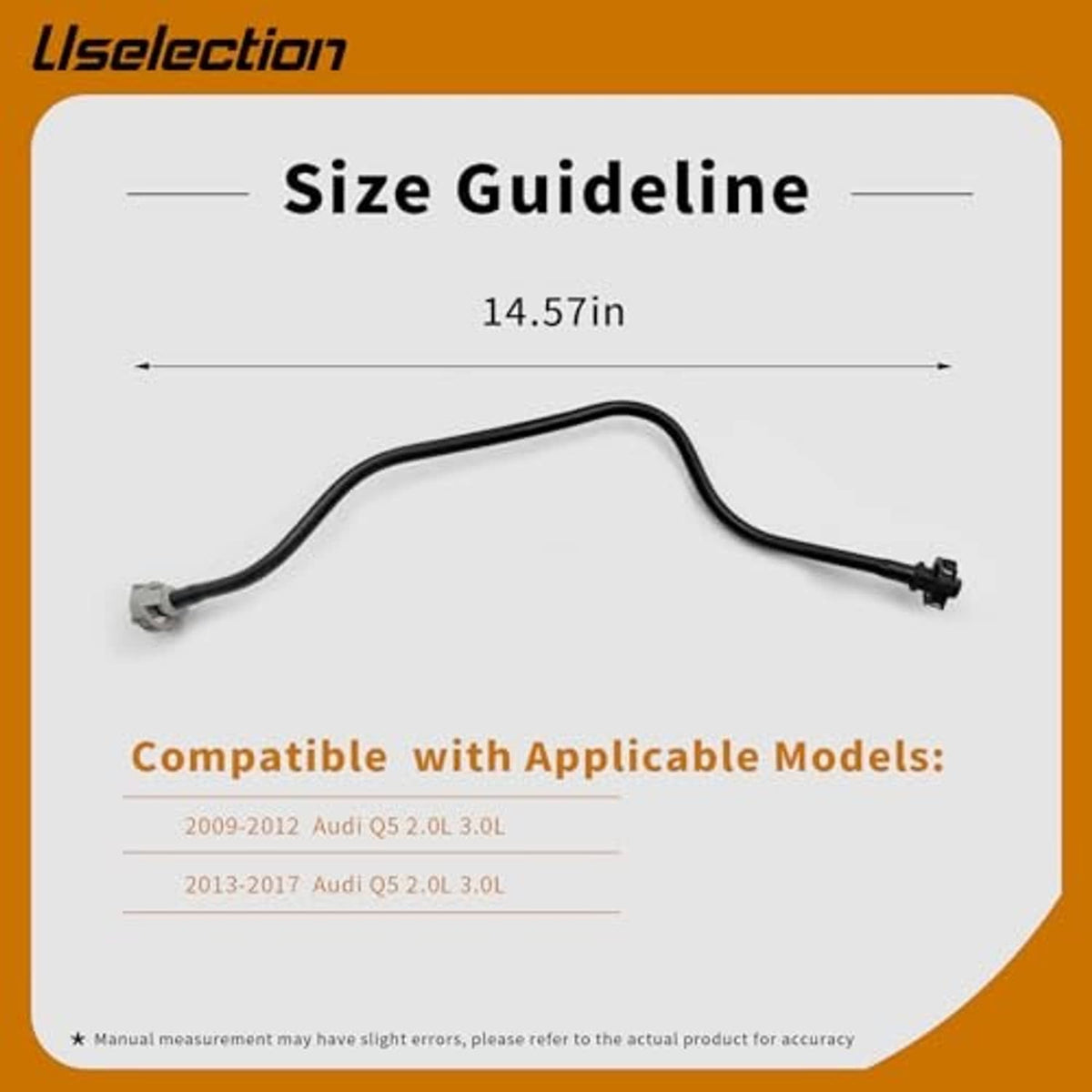 Black coolant overflow hose with two metal ends, length shown in a size diagram