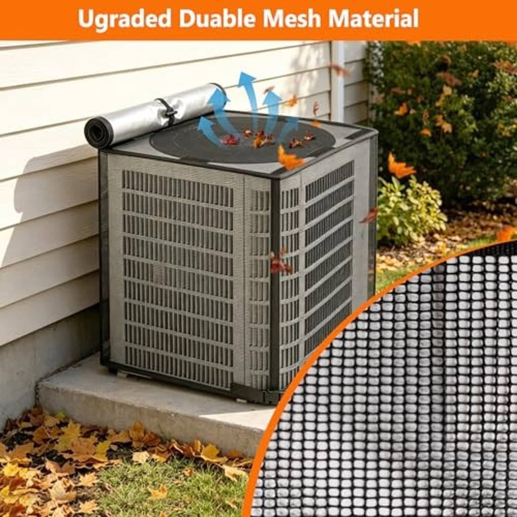 Mesh air conditioner cover with black top, water-resistant material and flame-pattern window area