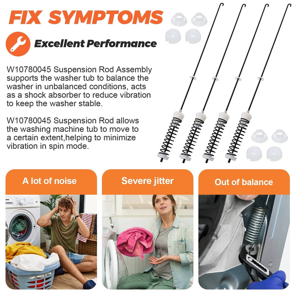 Washer suspension rod assembly set with four rods and matching white caps