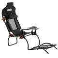 Foldable racing simulator wheel stand with black seat, orange knobs, and mounting tray