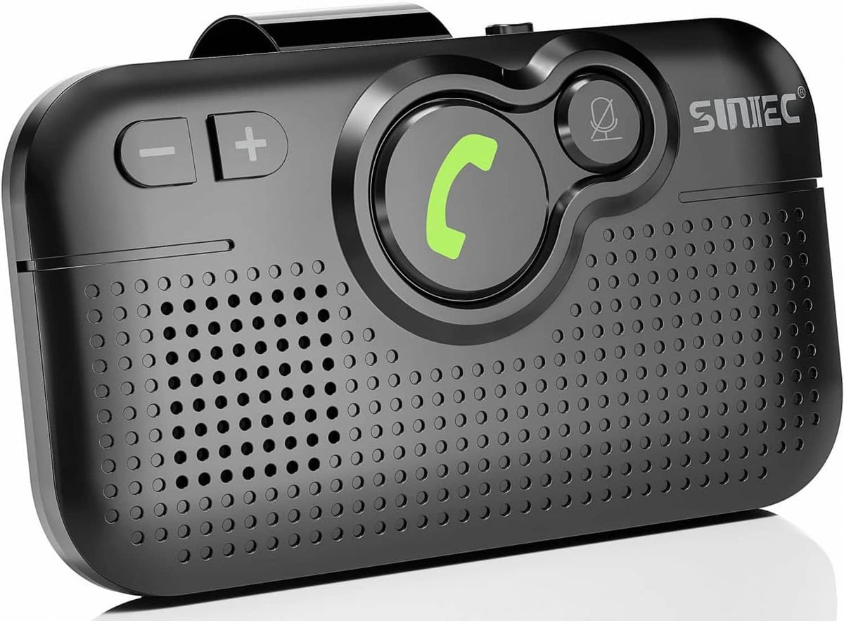 Black Bluetooth car speaker with volume +/- buttons, call icon, and phone clip