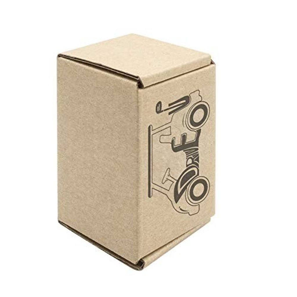 Kraft cardboard shipping box with printed buzzer-style logo label