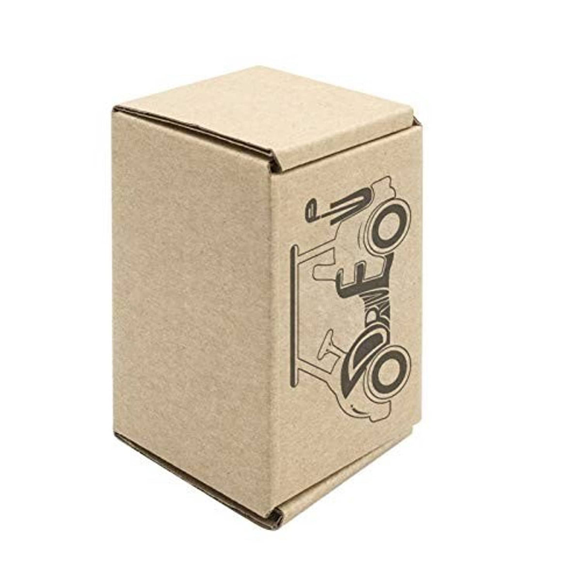 Kraft cardboard shipping box with printed buzzer-style logo label