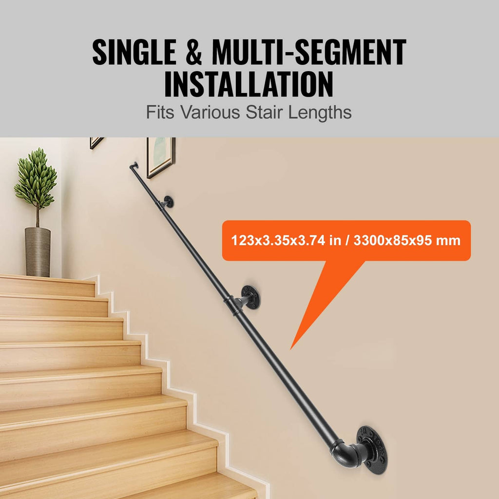 Matte black multi-segment stair handrail with round brackets and corner elbow pieces