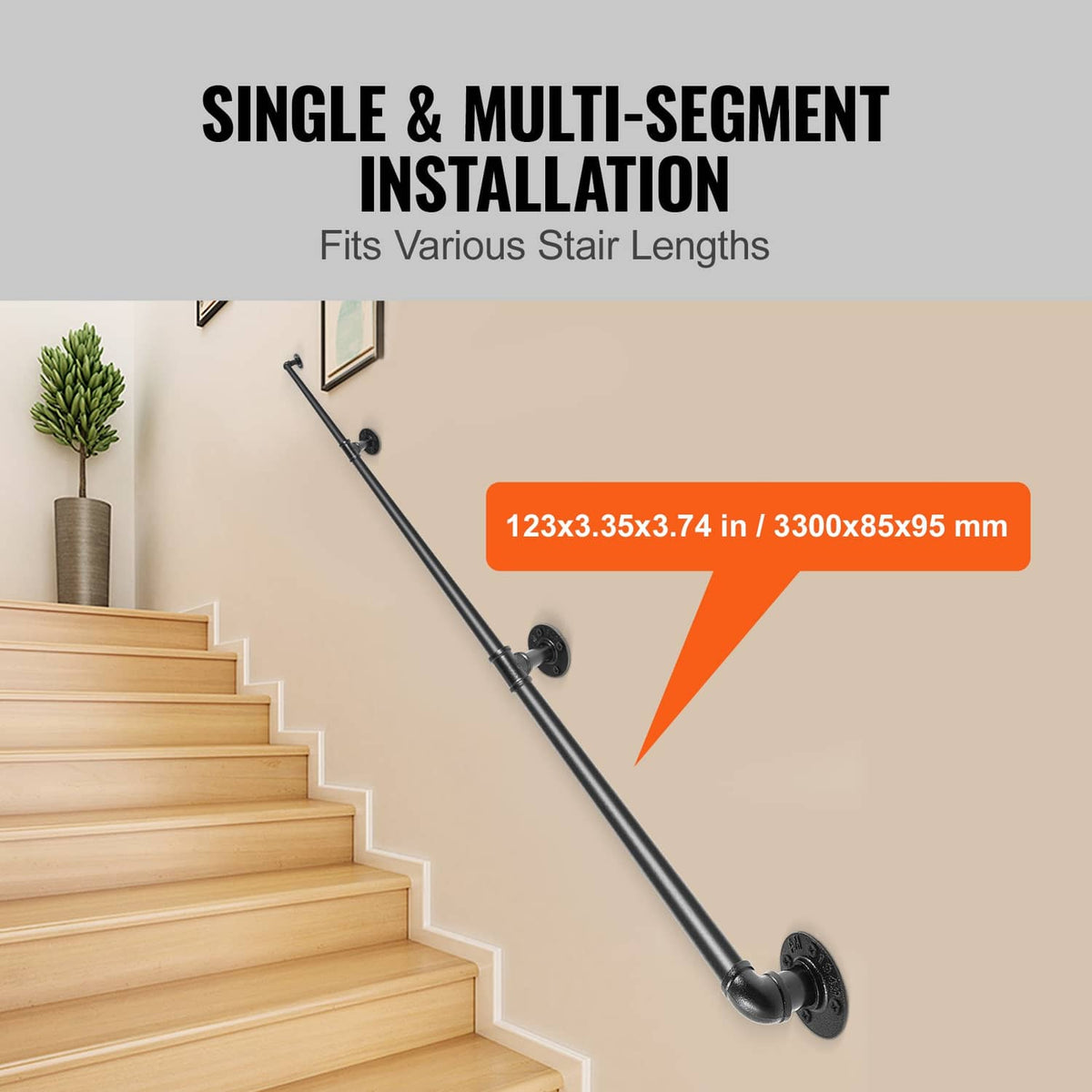 Matte black multi-segment stair handrail with round brackets and corner elbow pieces