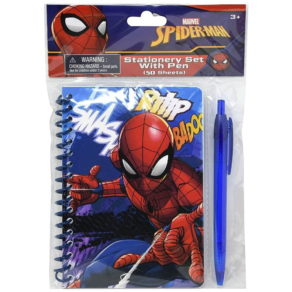 Kids spiral notebook with blue pen, Spider-Man comic cover, 50 sheets