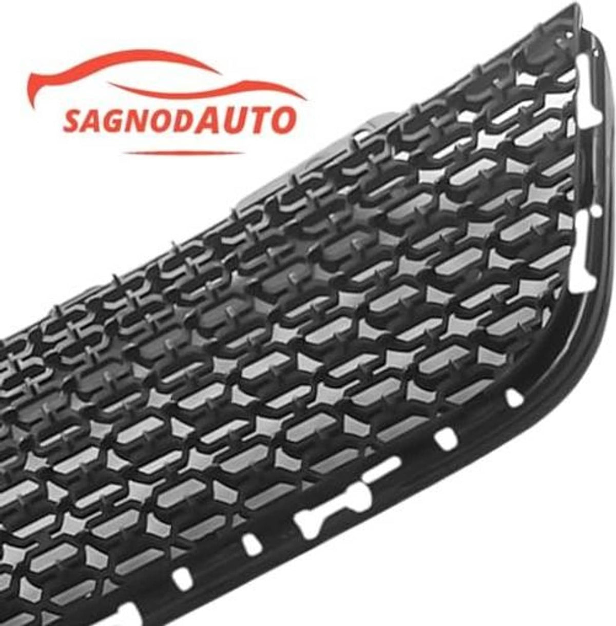 Black front grille mesh insert with raised block pattern and curved edge