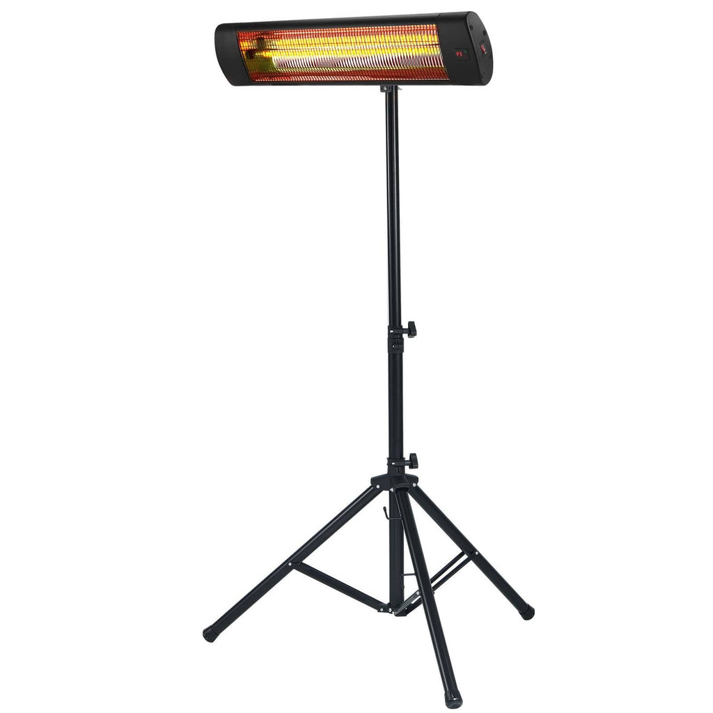 Infrared space heater on tall tripod stand with glowing heating tube