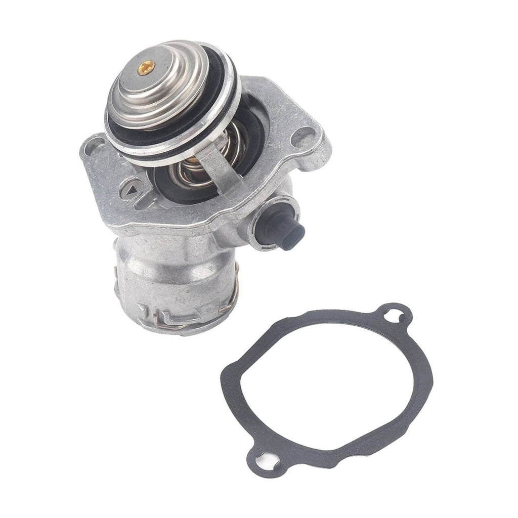 Engine coolant thermostat assembly with sensor, metal body with spring and attached gasket