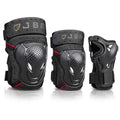 Bike knee pads, elbow pads, and wrist guards with molded black impact shells and straps.