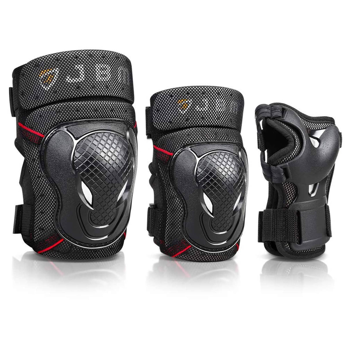 Bike knee pads, elbow pads, and wrist guards with molded black impact shells and straps.