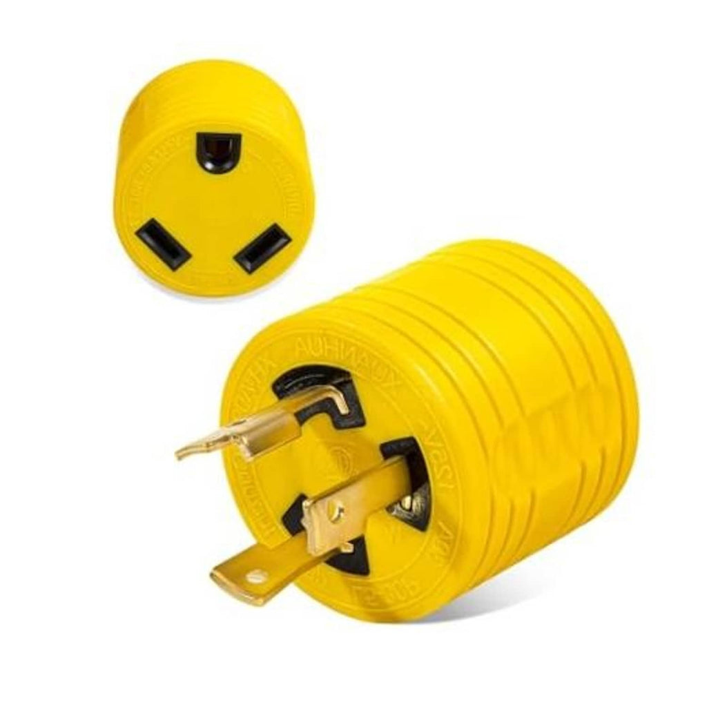 Yellow 3-prong twist-lock RV adapter plug with three curved power pins