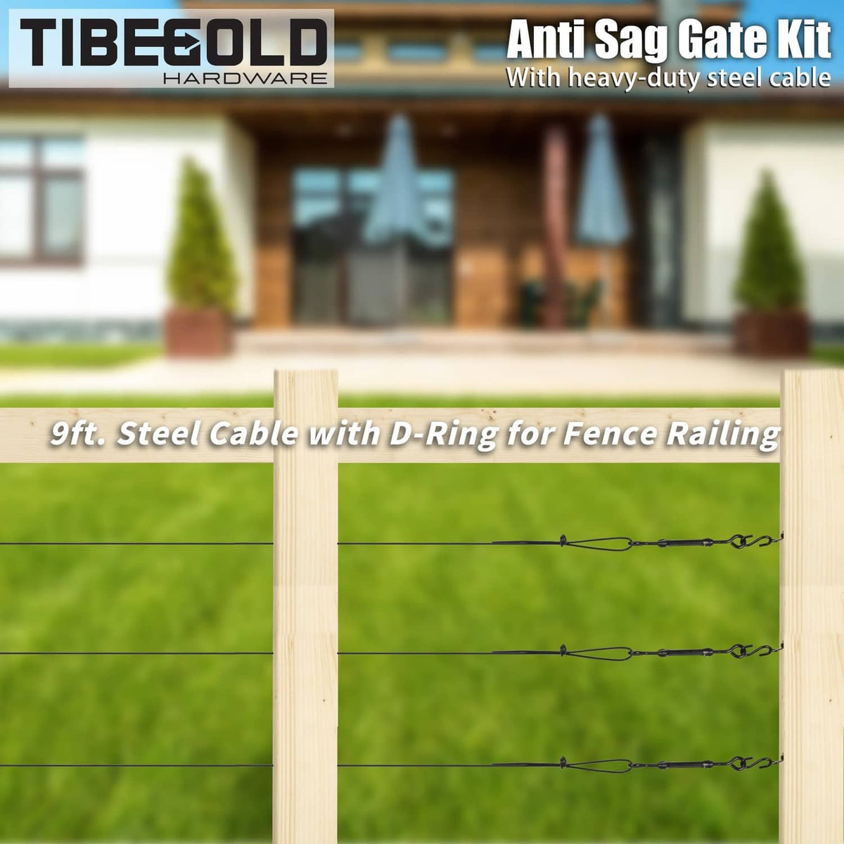Anti-sag gate cable kit on wooden fence with black tensioning cable across rails
