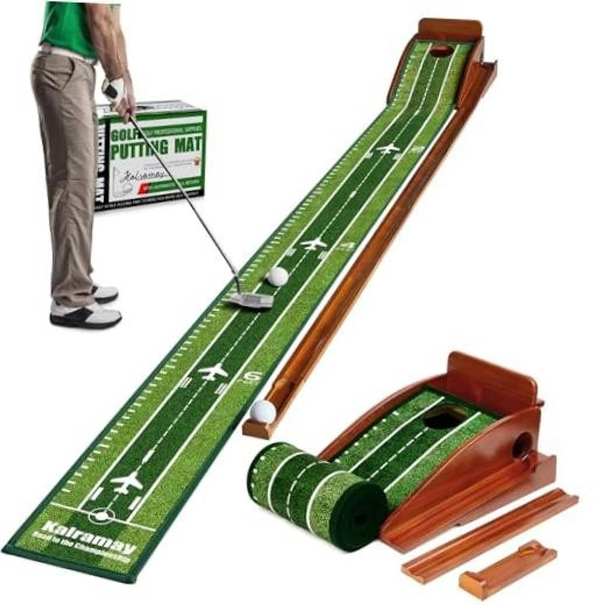 Green indoor golf putting mat with wooden ball-return track and practice holes